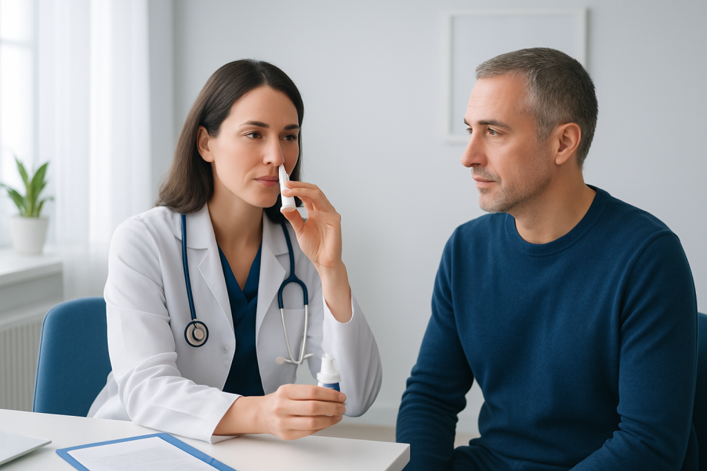 Doctor examining patient's nasal passage in a consultation room.