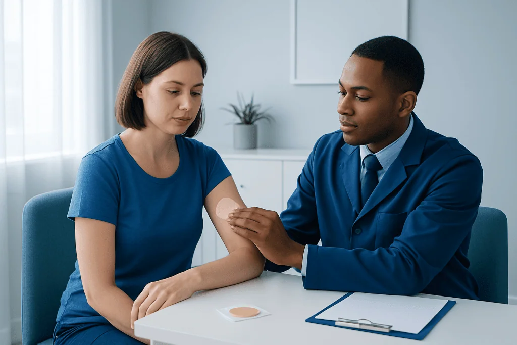 Doctor applying nicotine patch to patient's arm in a clinical setting.