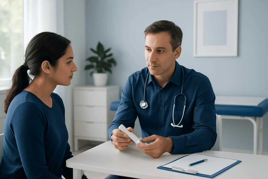 Doctor consulting with female patient in a medical office setting.