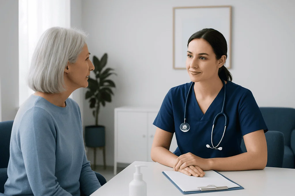 Nurse consulting with an elderly patient in a medical office setting.