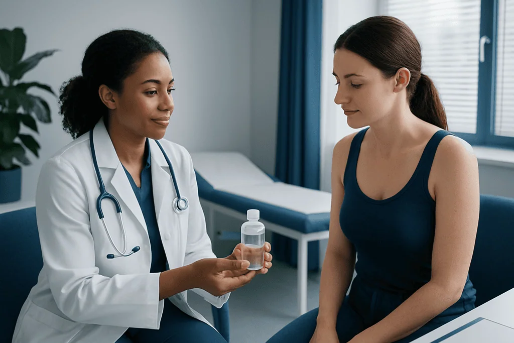 Doctor explaining saline solution to patient in a medical consultation room.