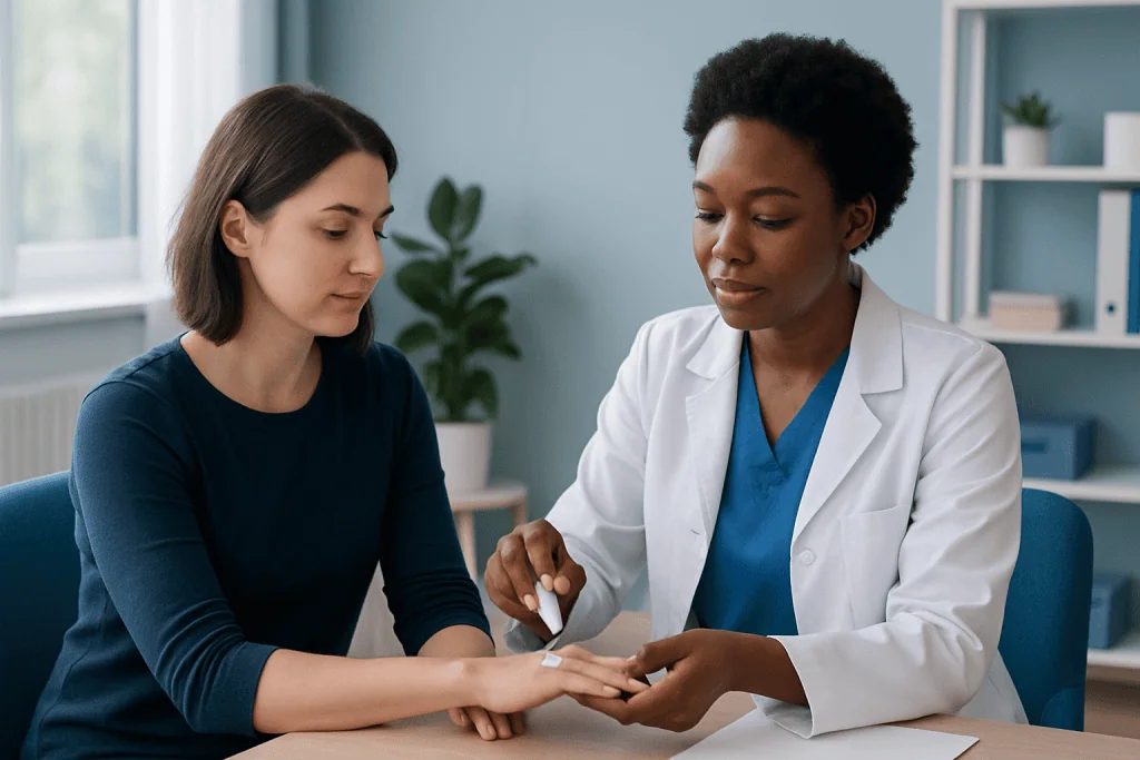 Doctor applying treatment to patient's arm in a clinical setting.