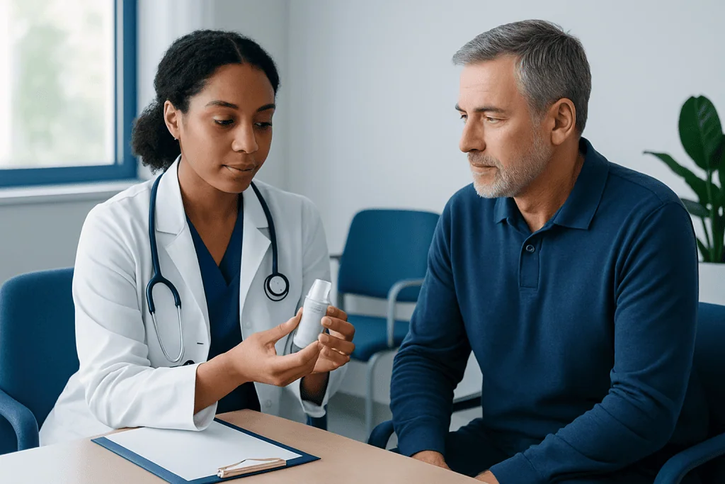 Doctor explaining inhaler device to patient in a medical consultation.