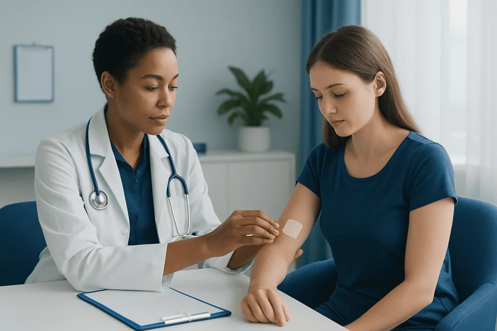 Doctor applying a bandage to a young woman's arm in a clinical setting.