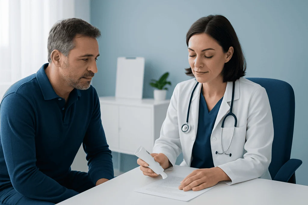 Doctor consulting with a patient in a modern medical office.