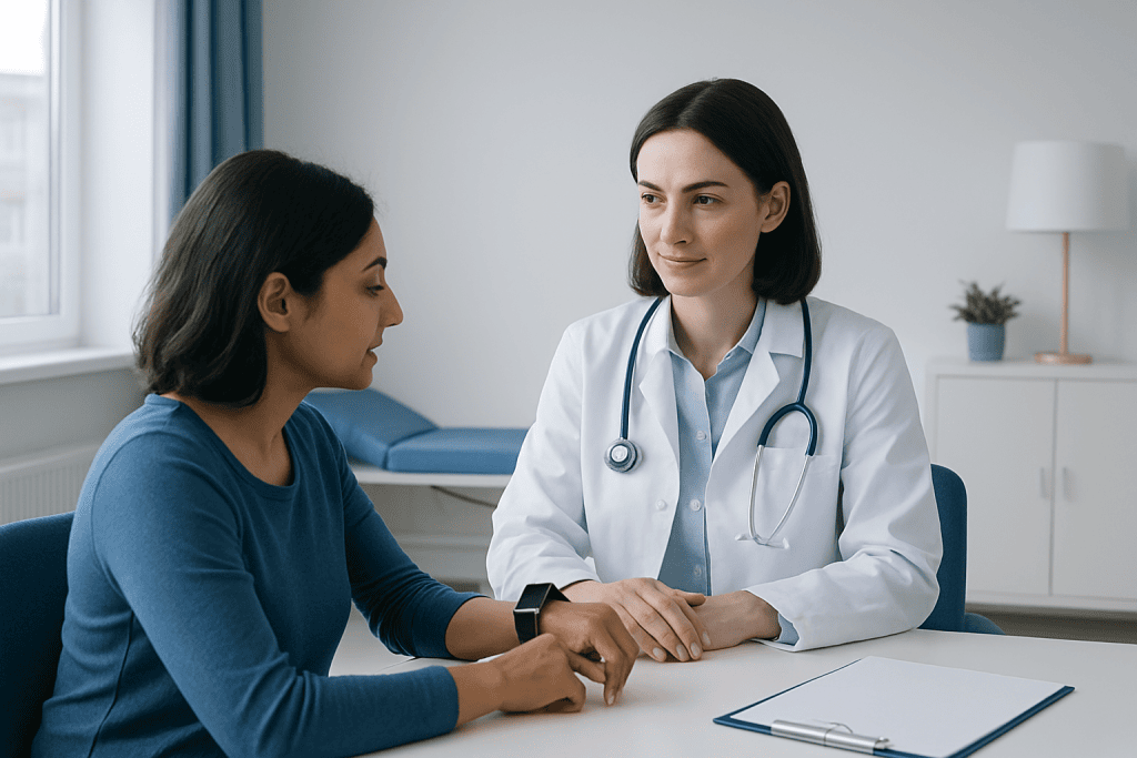Doctor consulting with a patient in a modern medical office.