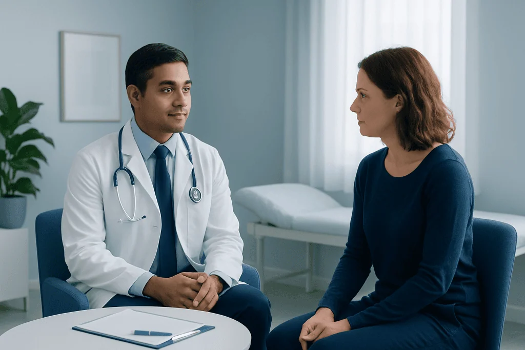 Doctor consulting with a female patient in a modern hospital room.