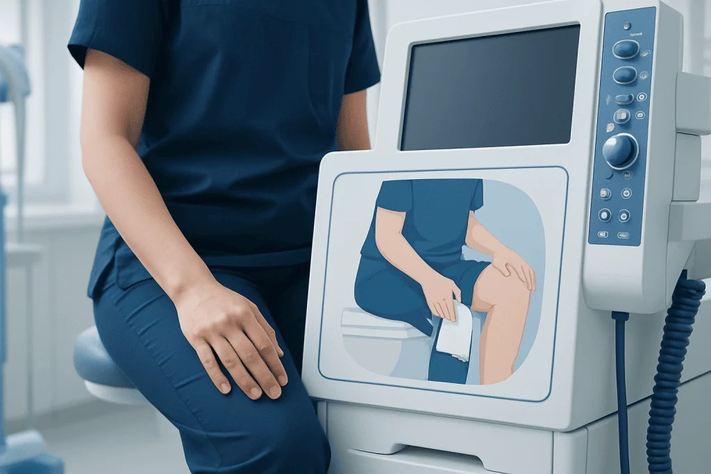 Medical professional performing a knee ultrasound with imaging display.