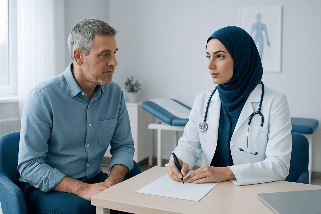 Doctor consulting with a male patient in a medical office.