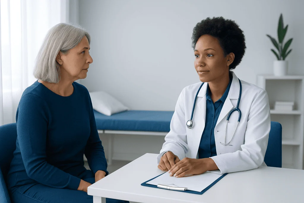 Doctor consulting with an elderly female patient in a medical office.