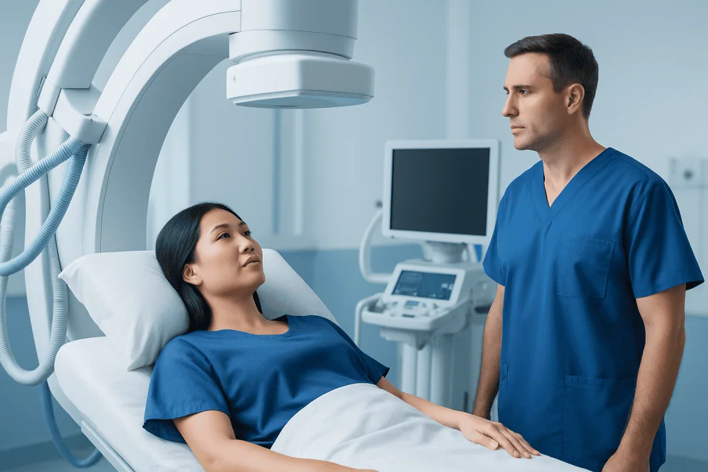 Medical professional consulting a patient in a hospital room with advanced imaging equipment.