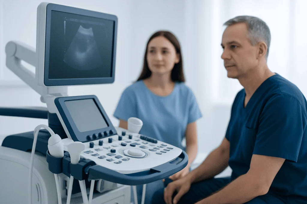 Medical professionals performing an ultrasound examination in a clinical setting.