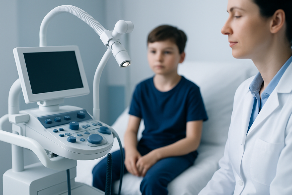 Pediatric doctor performing tongue tie examination on a young boy.
