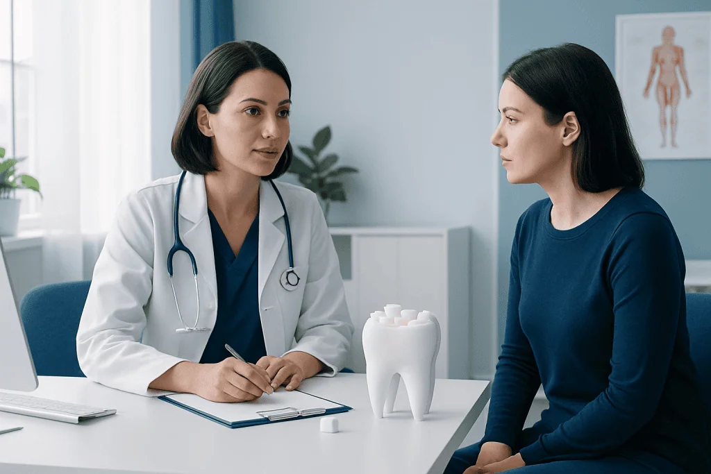 Doctor consulting with patient about dental health in a clinic setting.