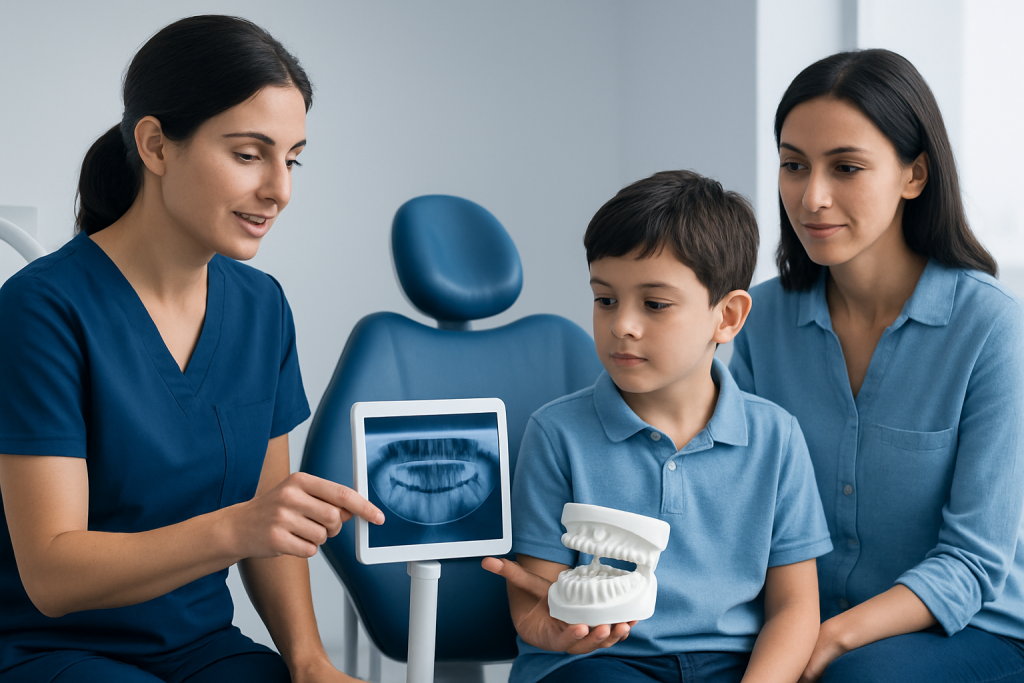 Dentist explaining dental X-ray to young patient and guardian in clinic.