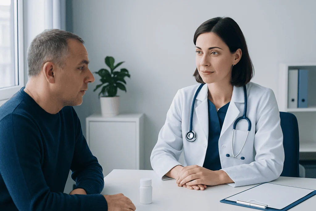 Doctor consulting with a patient in a modern medical office.