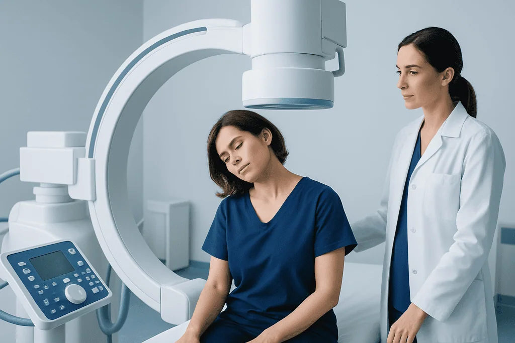 Medical professional performing imaging scan on a patient in a hospital setting.