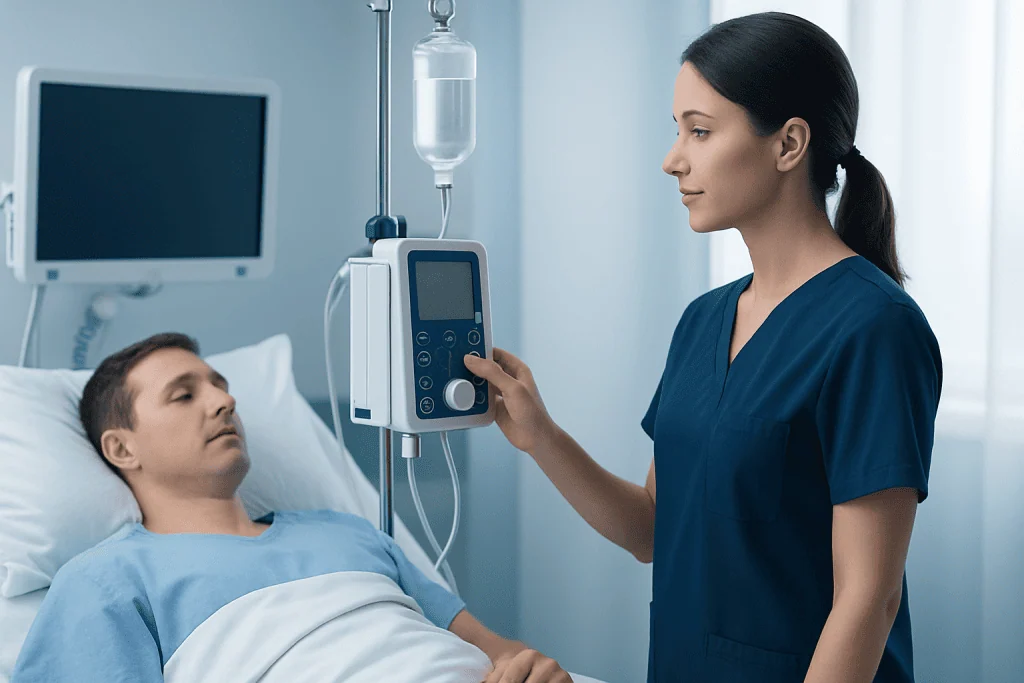 Nurse adjusting IV infusion pump beside patient in hospital bed.