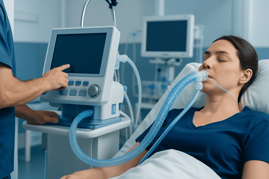 Patient receiving respiratory support with ventilator in hospital.