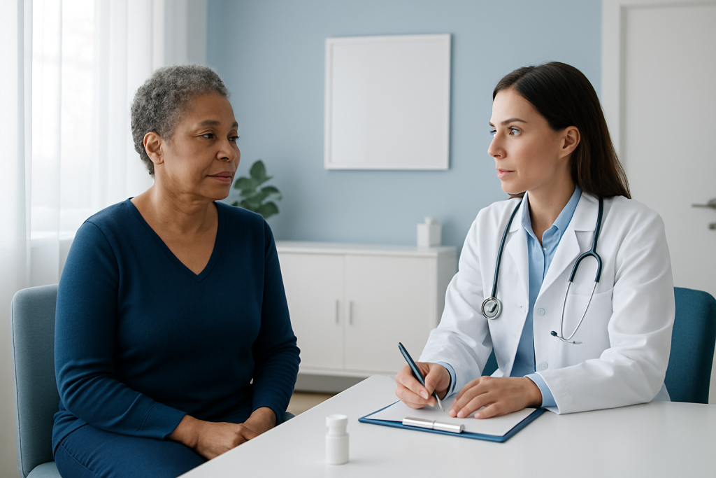 Doctor consulting with an elderly female patient in a modern clinic.