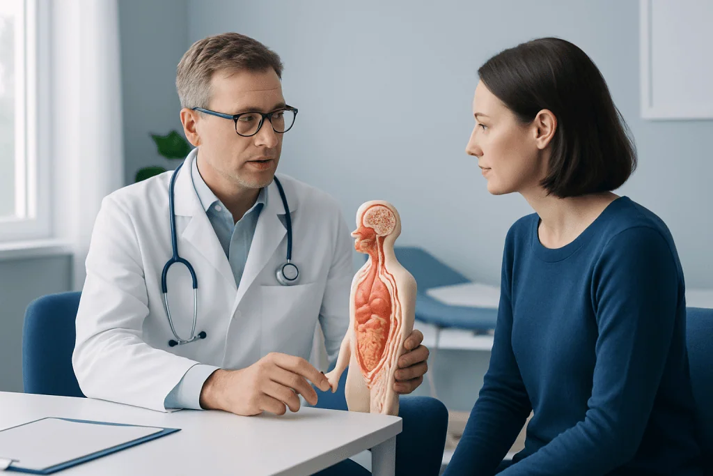 Doctor explaining human digestive system model to patient in clinic.
