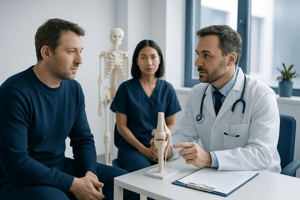 Doctor explaining ankle injury to patient in a medical consultation.