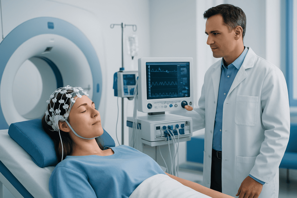 Medical professional monitors patient during MRI scan in hospital.
