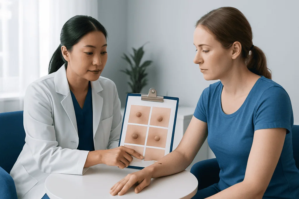 Dermatologist explains wart stages to patient with visual aid.