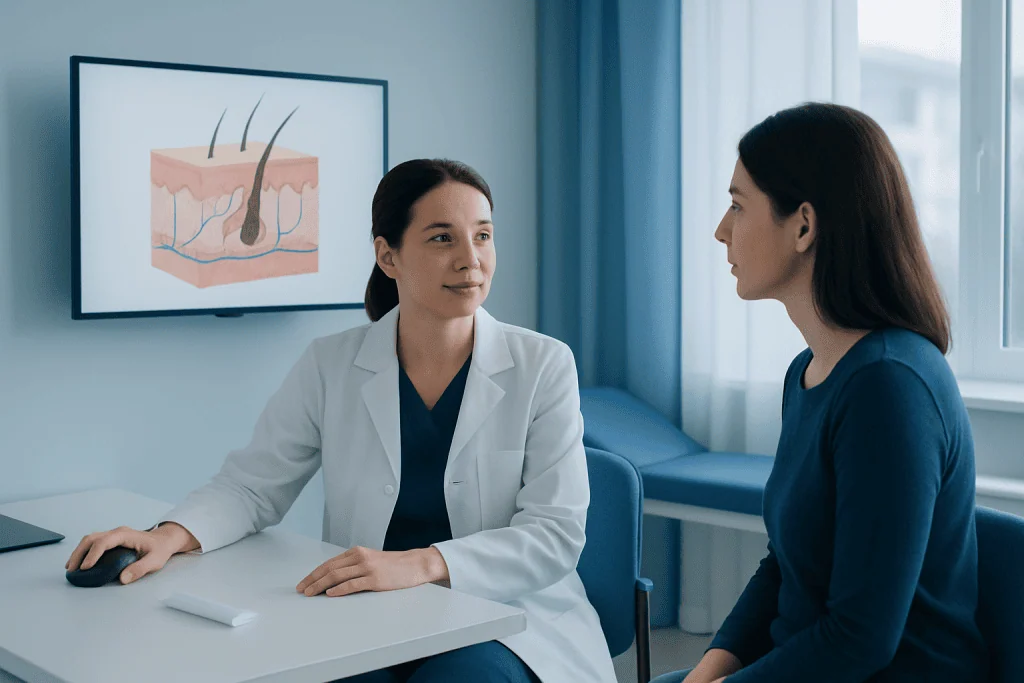 Dermatologist consulting with patient about skin treatment options.