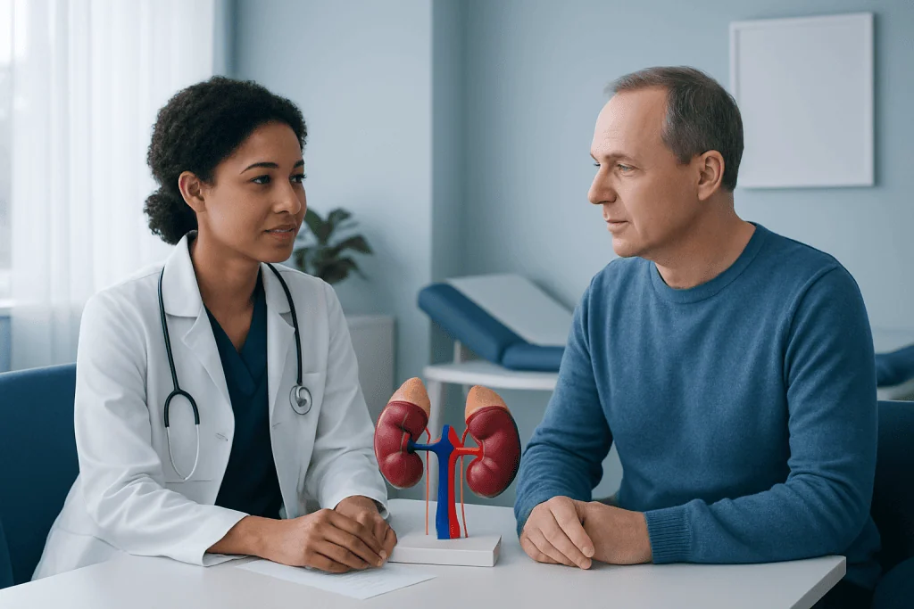 Doctor explaining kidney health to patient in clinic setting.