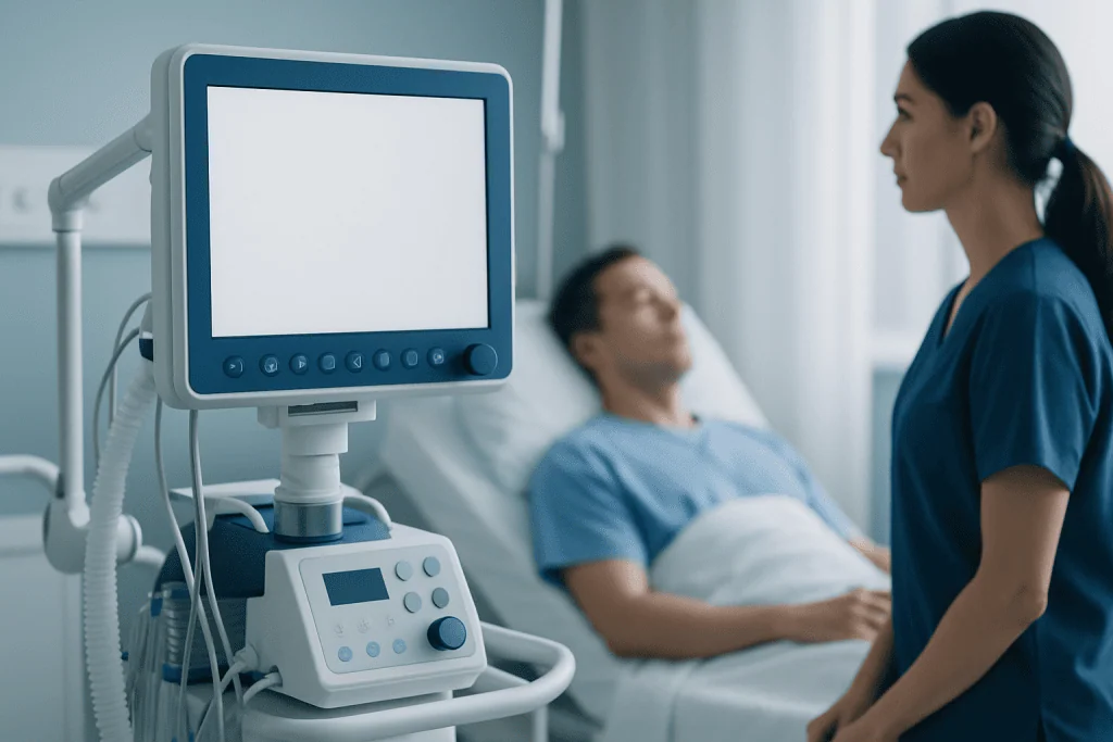 Medical professional consulting a patient in hospital room with monitoring equipment.
