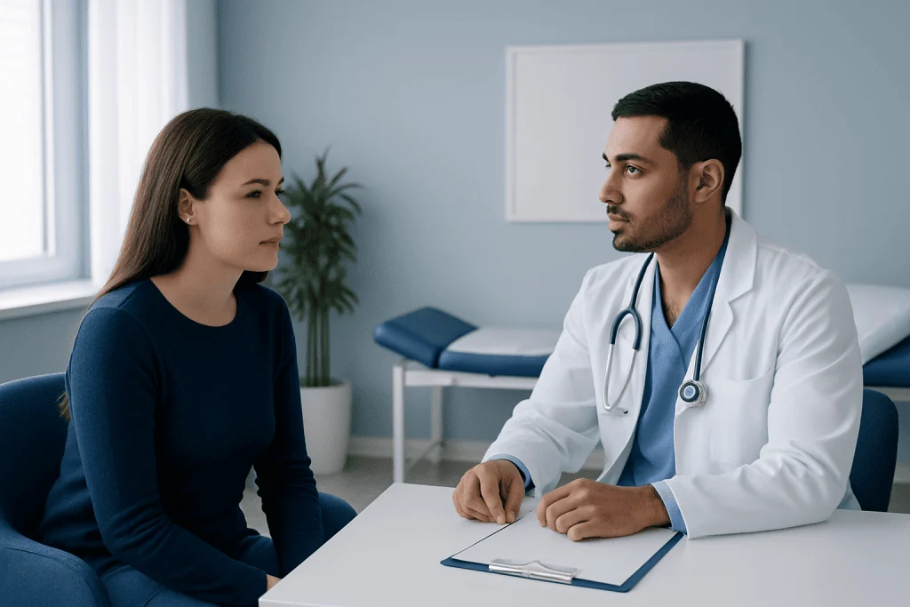Doctor consulting female patient in a modern medical office.