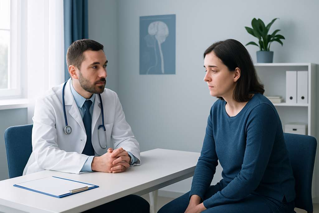 Doctor consulting with a female patient in a medical office.