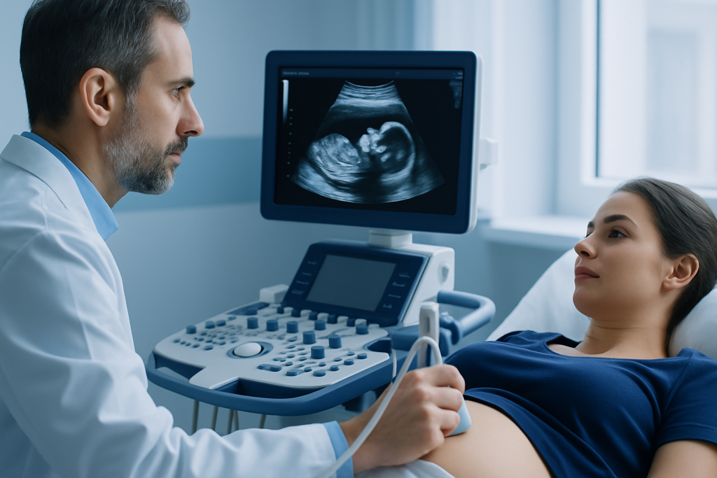 Doctor performing ultrasound on pregnant woman in hospital setting.