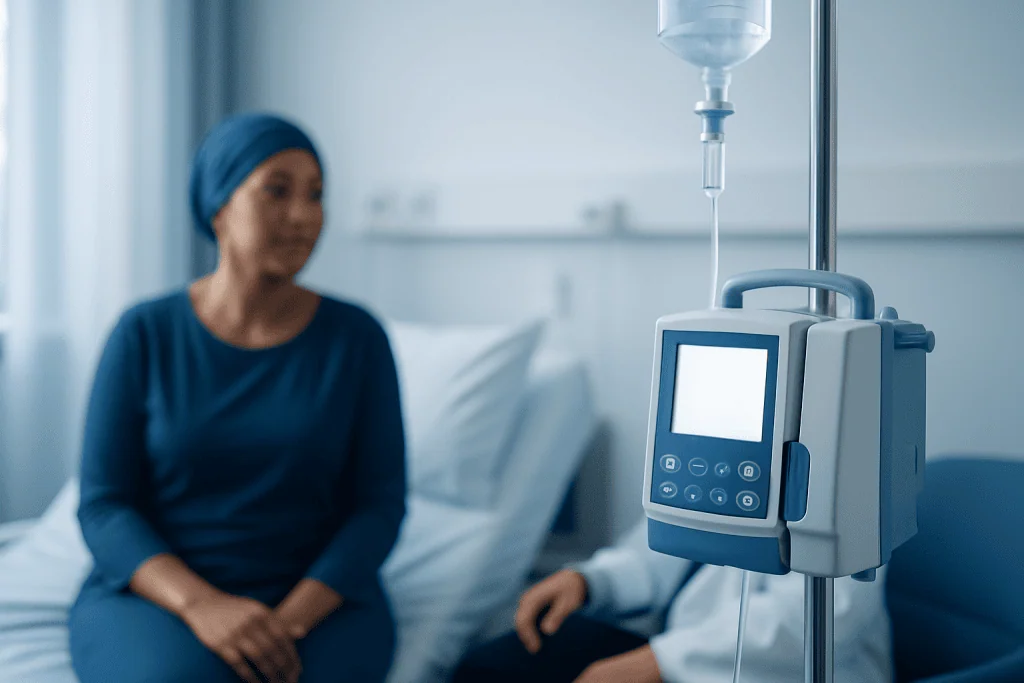 Patient receiving IV treatment in a hospital room at Acibadem Hospitals Group.