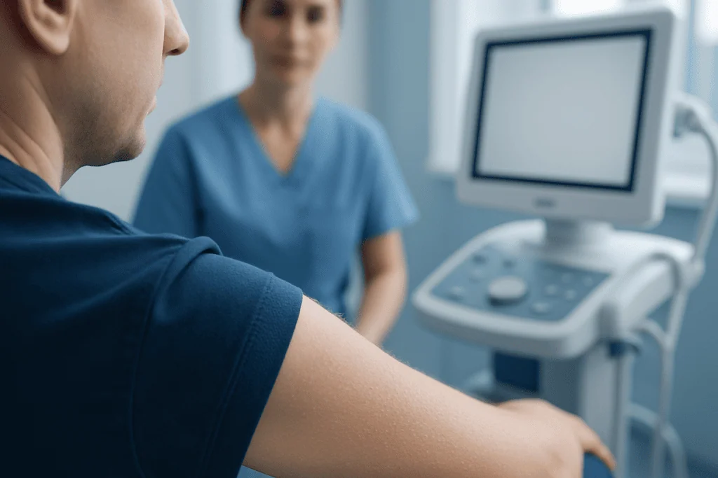 Medical professional performing an ultrasound examination on a patient.