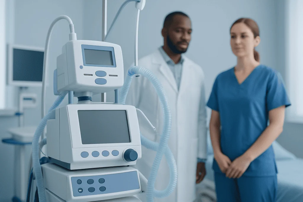 Medical ventilator machine in a hospital room with healthcare professionals.