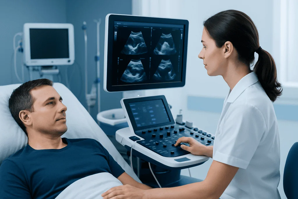 Doctor performing an ultrasound examination on a male patient in a hospital.