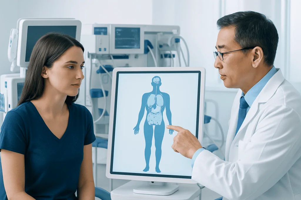 Doctor explains medical scan to patient in hospital setting.