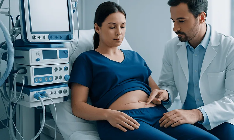 Patient undergoing preoperative assessment for tummy tuck surgery at Acibadem Hospital.