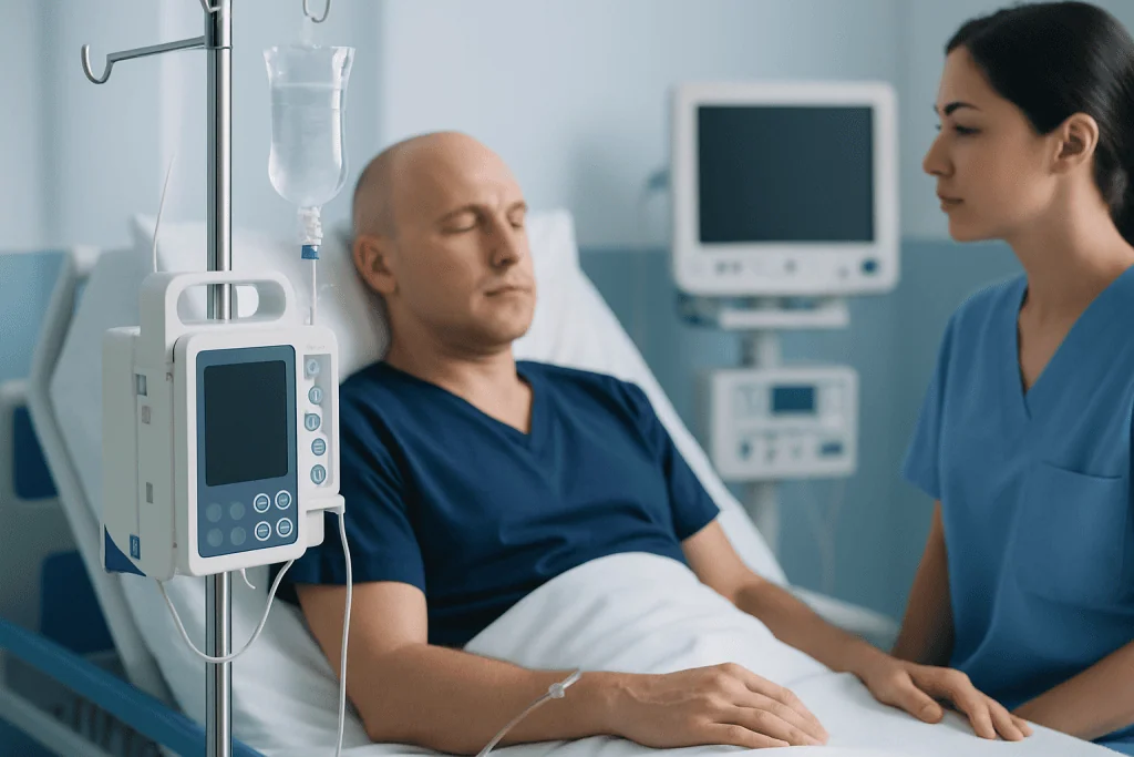 Patient in hospital bed with medical staff and IV drip in a hospital room.