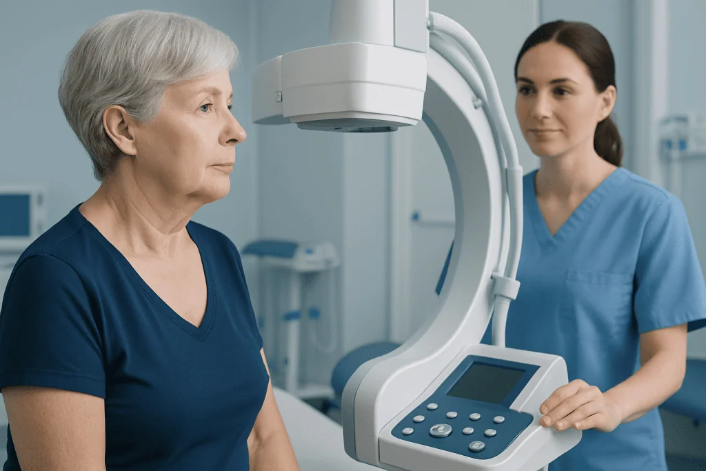 Elderly woman undergoing a medical scan at Acibadem Hospital.
