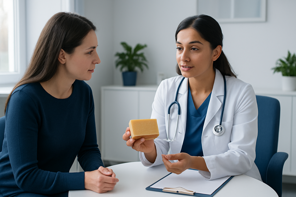 Doctor explaining turmeric soap benefits to patient in consultation room.