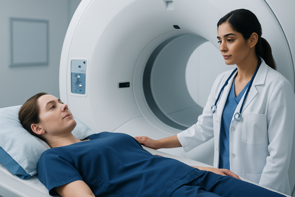 Medical professional preparing patient for MRI scan at Acibadem Hospital.