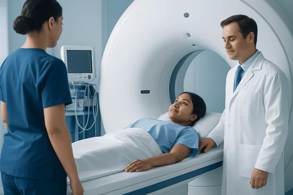 Patient undergoing MRI scan at Acibadem Hospital with medical staff present.