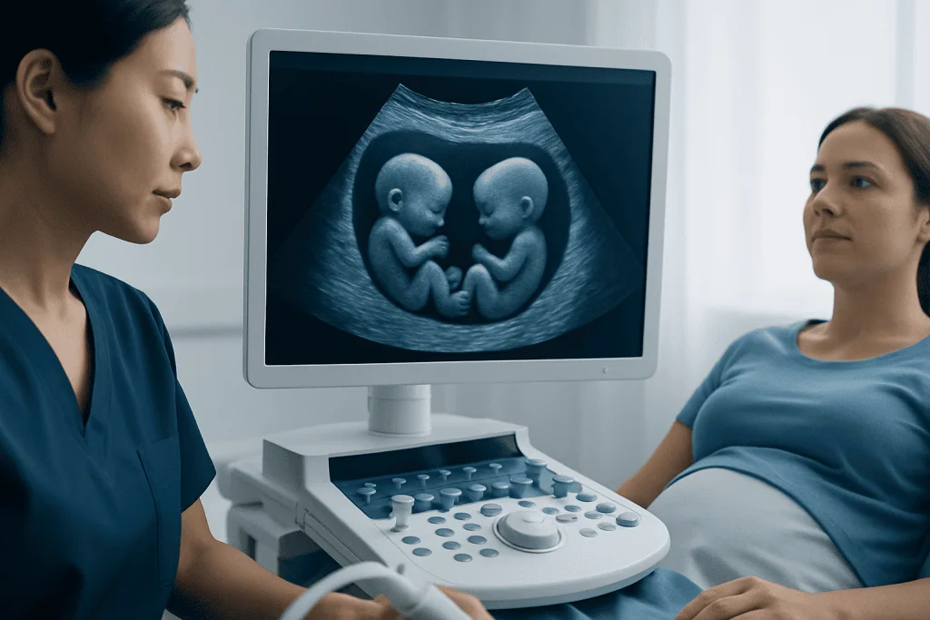 Ultrasound scan of twins in the womb during prenatal checkup.