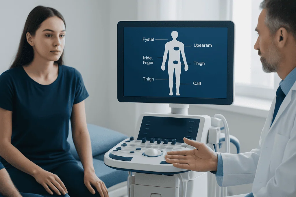 Ultrasound examination of a patient's leg in a medical clinic setting.