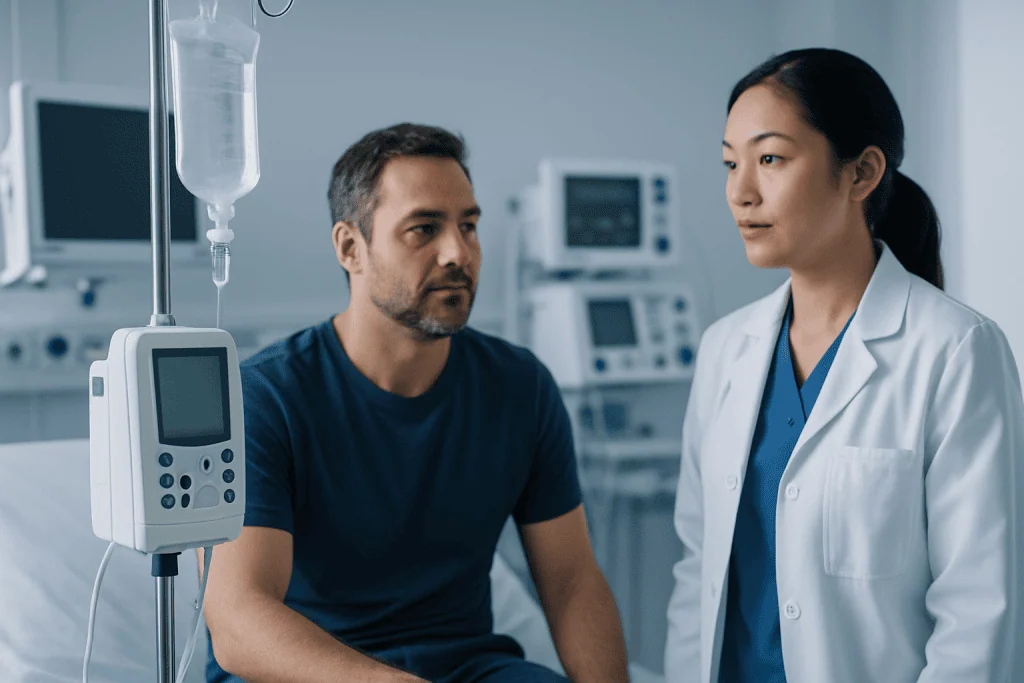 Doctor consulting patient in hospital room with medical equipment.