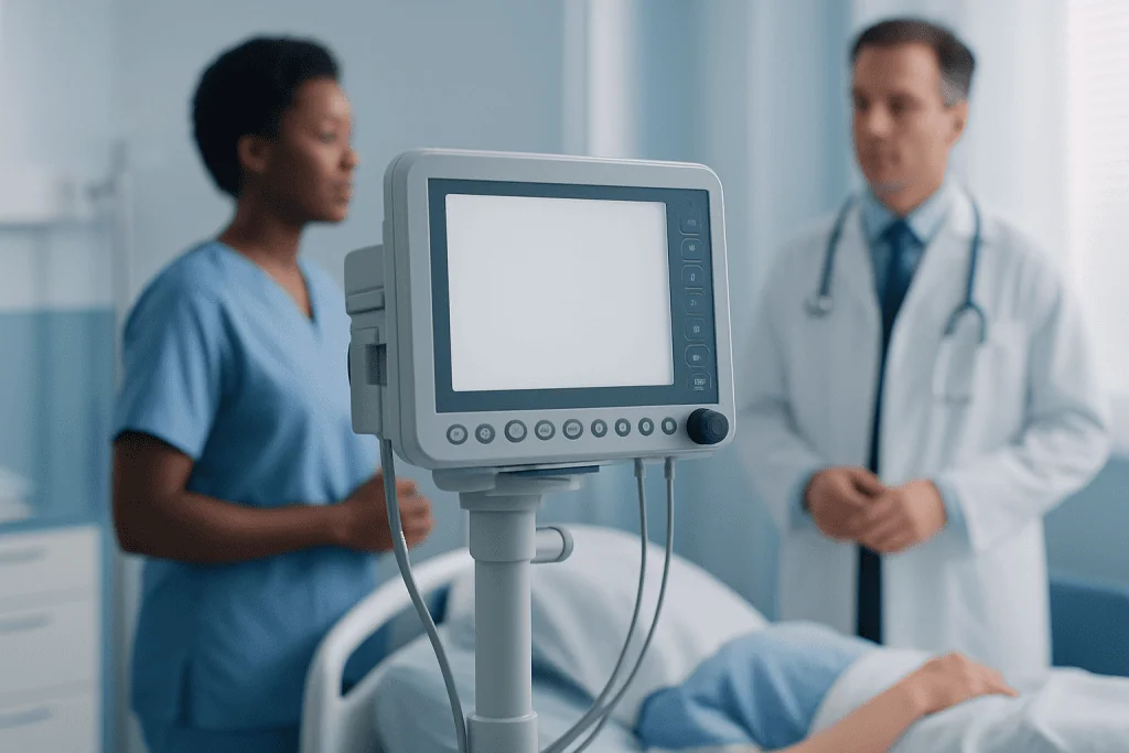 Medical professionals discussing patient care in hospital room with monitor.
