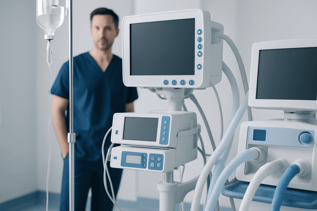 Medical equipment in a hospital room with a healthcare professional in the background.